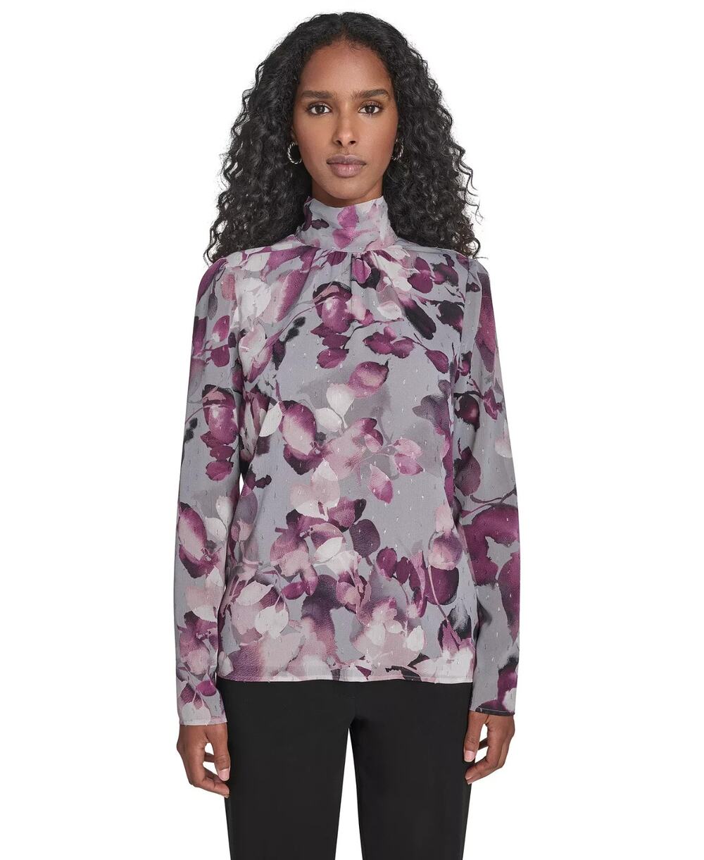 Calvin Klein Women’s Mock Neck Long Sleeve Chiffon Blouse Multi Size L 0187